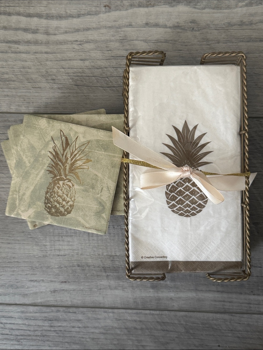 Gold Pineapple Cocktail Napkins in Metal Holder and 6 pc Coasters